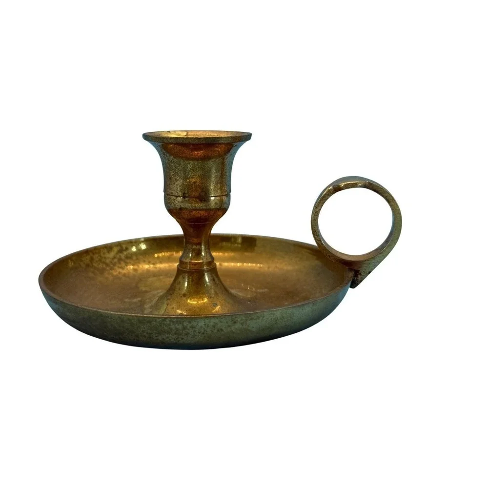 VTG Century Brass Chamberstick Taper Candle Holder Gold Finger Loop Drip India‎